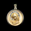 Medalla de oro amarillo de 18k con la imagen de la Virgen María niña de acabaddos matizados y con una orla en oro blanco con engaste de brillantes y bisel cincelado
